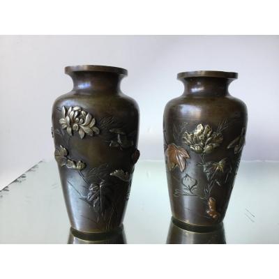 Pair Of Small Bronze Vases Japan, Meiji Period