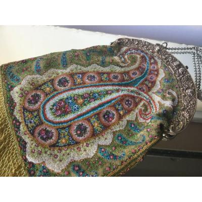 Beaded Evening Bag Decorated With Polychrome Bothés, XIXth