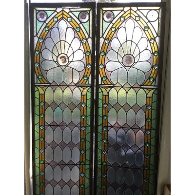 Stained Glass, Pair Of Art Deco Stained Glass, American Glass Dlg From Tiffany