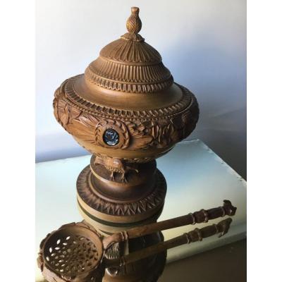 Covered Pot In Carved Wood And Its Spoon
