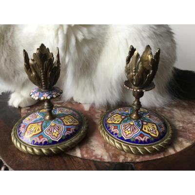 Pair Of Torches In Bronze And Cloisonné Enamels, XIXth