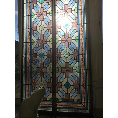 Pair Of Large Stained Glass Windows, Painted Decor And Cabochons, Around 1900