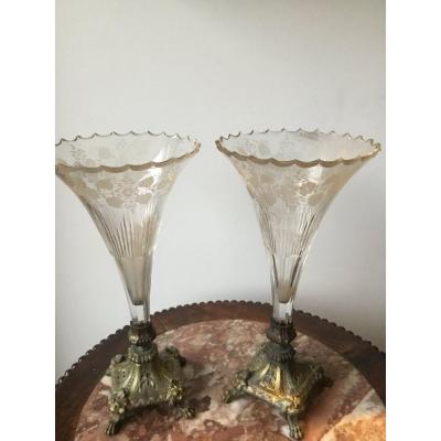 Pair Of Cristal Cornet Vases On Bronze Piédestal 