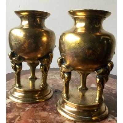 Pair Of Japanese Vases With Carriers, Three Patinas, Edo Period