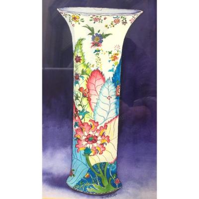 Art Nouveau Watercolor, Vase With Foliage, Signed