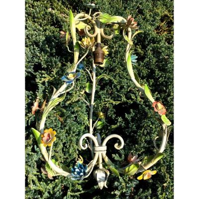 Tin Ceiling Lamp With Flowers, Circa 1950