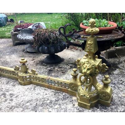 Gilt Bronze Hearth Bar With Lions' Mufles