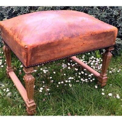 Large Ottoman In Carved Natural Wood Regency Style