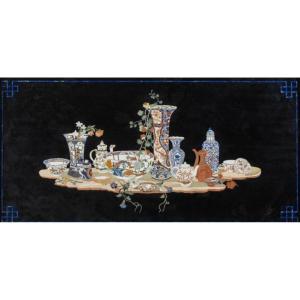 Hard Stone Marquetry Tray With Porcelain Decor