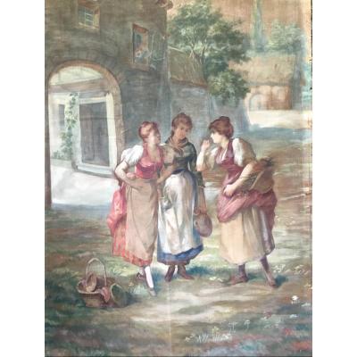 Large Painted Canvas, In The Spirit Of Tapestries, Nineteenth