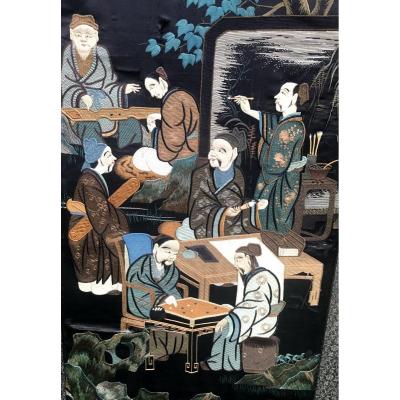 Large Japanese Panel Embroidered On Silk, Circa 1900