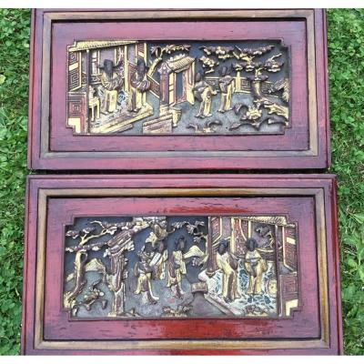 Pair Of Carved Paintings Of Courtyard Scenes, China