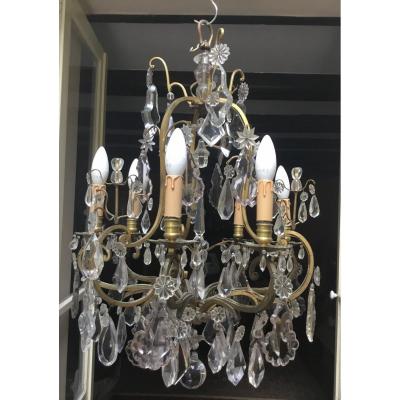 Cage Chandelier In Gilt Bronze And Large Crystal Pendants