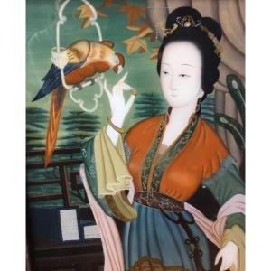 Table Set Coaster Woman With Parrot. Canton.