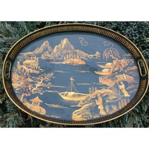 Lacquered Sheet Metal Serving Tray, Chinoiserie Decor