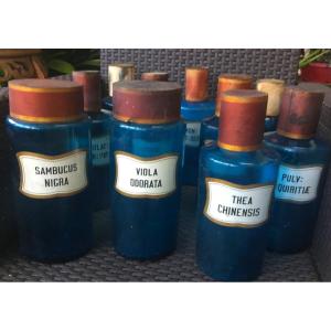 Old Pharmacy Bottles In Blue Glass, Circa 1900