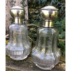 Pair Of Engraved Crystal Bottles, Silver Frame, Baccarat