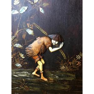 Japanese Panel, Fisherman, Mother Of Pearl And Ivory, XIXth (70 Cm)