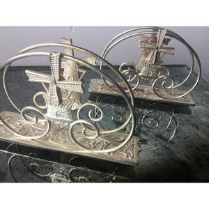 Pair Of Napkin Holders In Silver Metal, Circa 1950