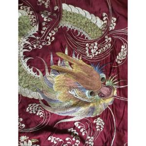 Embroidered Bedspread On Carmine Red Silk, China, Circa 1900