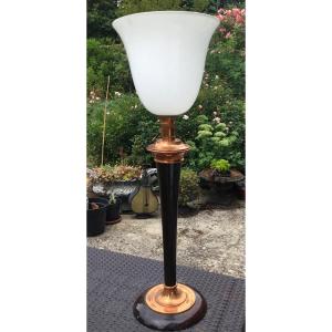 Mazda Lamp In Wood And Copper Art Deco Period