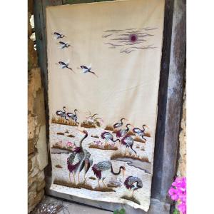 Large Japanese Wall Hanging With Cranes, Circa 1900