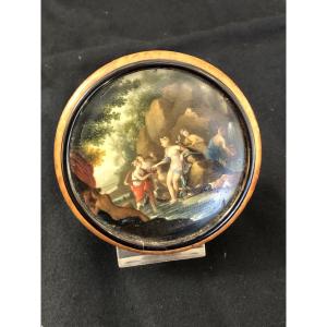 Box In Burl And Tortoiseshell, Miniature On The Lid, Late 18th Century