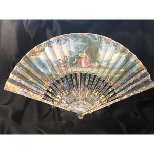 Beautiful Fan Decorated With A “gallant Scene And Birds” From The 18th Century 