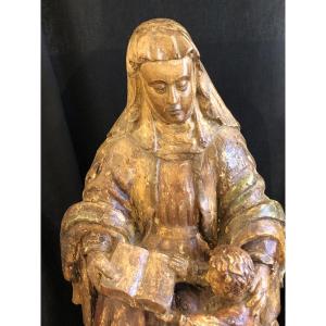 France, 16th Century - The Education Of The Virgin - Polychrome Wood Sculpture 