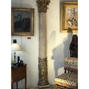 Pair Of Ornamental Half-columns In Carved, Painted And Gilded Wood, 19th Or Early 20th Century