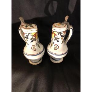 Pair Of Small Covered Rouen Earthenware Pitchers, 18th Century