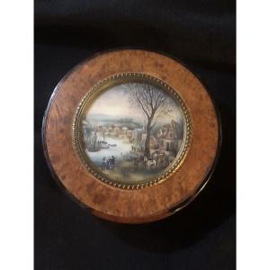 Round Box In Burl And Tortoiseshell - Miniature, 19th Century