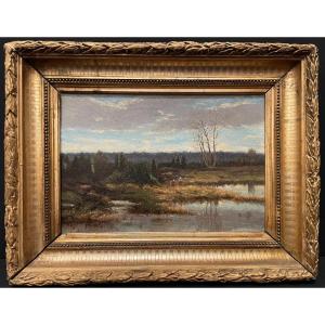 Painting Characters At The Edge Of A Pond XIXth Century