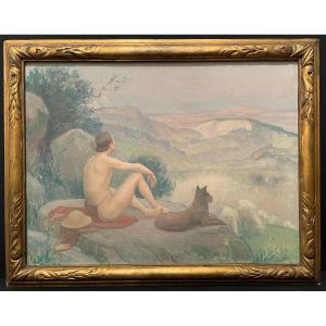Painting Greek Shepherd And His Sheep By Longa 1921