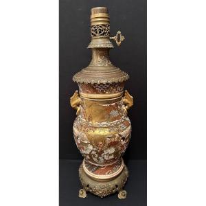Japan Large Satsuma Earthenware Lamp Bronze Mount With Dragon Napoleon III Period Late Nineteenth