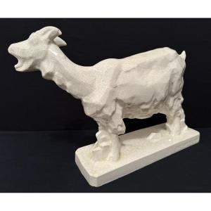 Art Deco Cracked Ceramic Goat By Henri Guingot In Saint Clément 1930