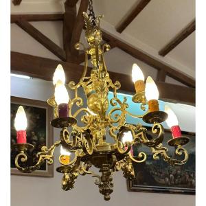 Chandelier Crown And Fleurs De Lys Gilt Bronze Nine Lights Louis XIV Style XXth Century