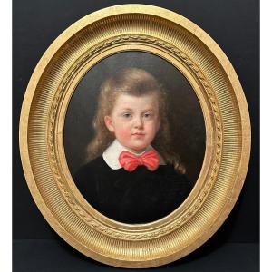 Painting Portrait Child Young Girl With Red Bow Mid XIXth Century