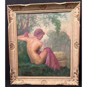 Symbolist Painting Naked Woman  Bather In Mauve Sheet By  émile Quentin Brin