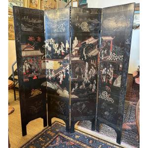 China Screen With Four Leaves In Black Lacquered Wood With Polychrome And Gold Decor XIXth Cent