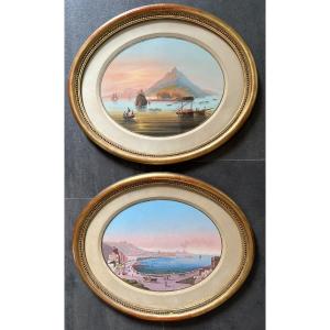 Pair Of Neapolitan Gouaches Vesuvius And The Bay Of Naples Nineteenth Century