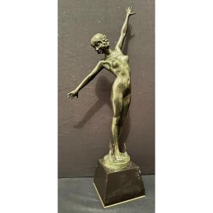 Art Deco Bronze  Naked Dancer With Lances By Fernand Ouillon-carrère