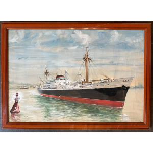 Large Gouache Of The Peruvian Cargo Ship From The Compagnie Générale Transatlantique By Michel Lezla 1954