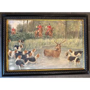 Watercolor Le Bat-l'eau Hunting Scene By Georges Louis Charles Busson Late 19th Century