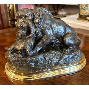 Bronze Lion Devouring A Wild Boar By Antoine Louis Barye Susse Frères Fondeur 19th Century