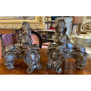 Important Pair Of Bronze Andirons With Sphinges Regency Style Napoleon III Period 39 Cm  