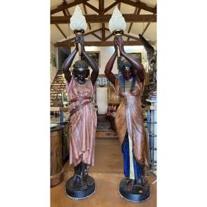 Important Pair Of Nubian And Egyptian Torchiere Holders Late 19th Century 205 Cm