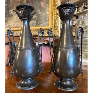 Henri Picard Pair Of Lamp Bases In Patinated Bronze Etruscan Vases Mid-19th Century