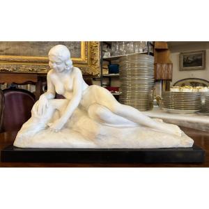 Important Art Deco Carrara Marble Sculpture Woman At The Source By L Morelli In Florence