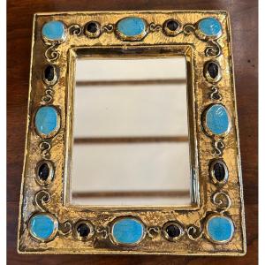 Gold Enameled Ceramic Mirror With Turquoise Cabochons By Lembo In Vallauris 1960